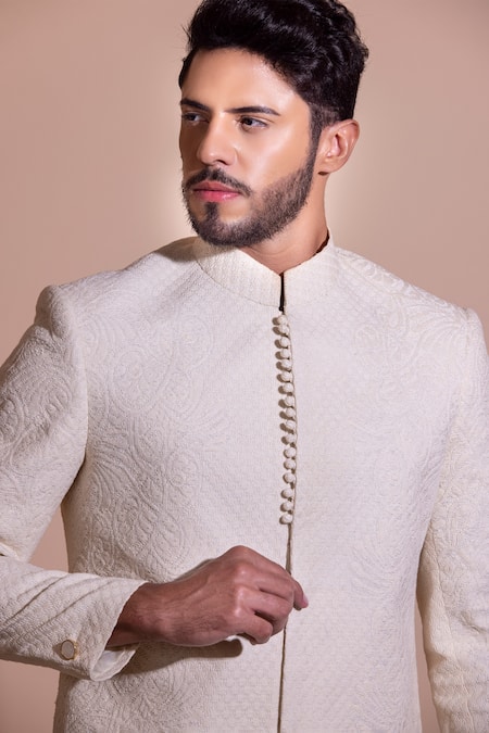 Buy Amit Arora Cream Cotton Embroidery Hand Sherwani With Pant Online at Aza Fashions Buy_Amit Arora_Cream Cotton Embroidery Hand Sherwani With Pant _Online_at_Aza_Fashions