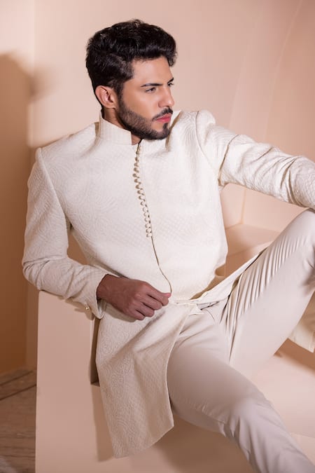 Shop Amit Arora Cream Cotton Embroidery Hand Sherwani With Pant Online at Aza Fashions Shop_Amit Arora_Cream Cotton Embroidery Hand Sherwani With Pant _Online_at_Aza_Fashions