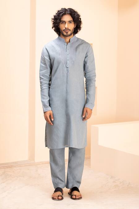 Buy Amit Arora Blue Linen Embroidery Kurta With Aligadhi Online at Aza Fashions Buy_Amit Arora_Blue Linen Embroidery Kurta With Aligadhi _Online_at_Aza_Fashions