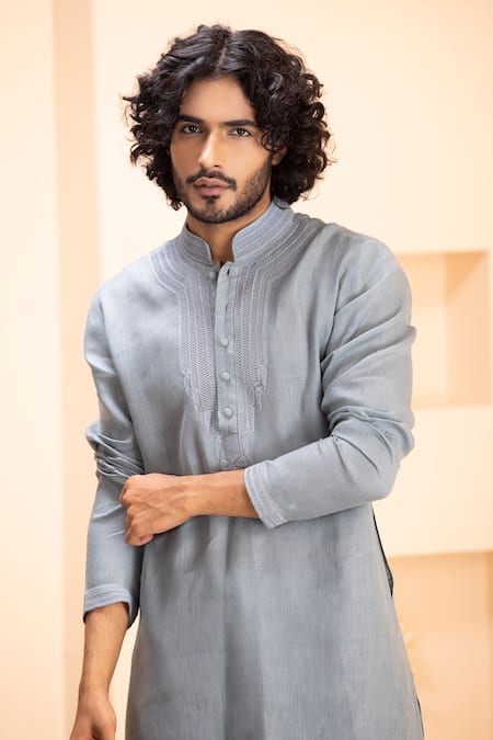 Amit Arora Blue Linen Embroidery Kurta With Aligadhi at Aza Fashions Amit Arora_Blue Linen Embroidery Kurta With Aligadhi _at_Aza_Fashions
