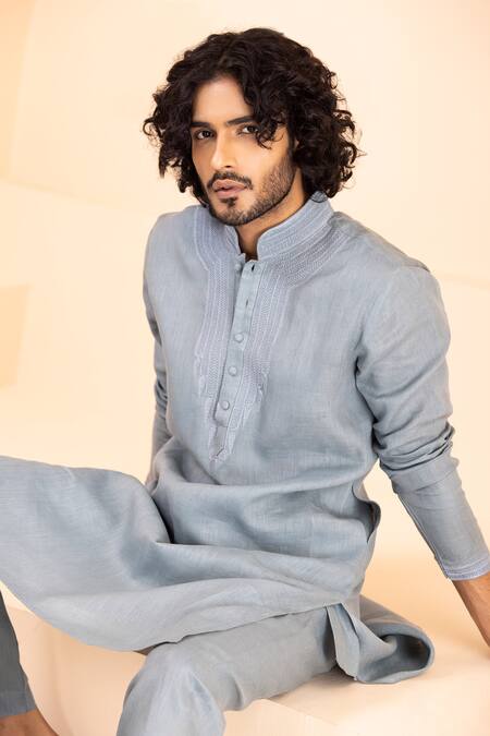 Buy Amit Arora Blue Linen Embroidery Kurta With Aligadhi Buy_Amit Arora_Blue Linen Embroidery Kurta With Aligadhi