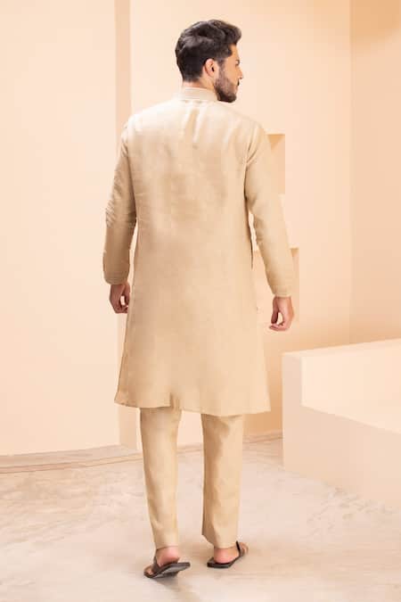 Shop_Amit Arora_Beige Linen Embroidery Dori Kurta With Aligadhi _at_Aza_Fashions