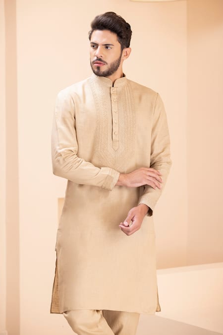 Buy_Amit Arora_Beige Linen Embroidery Dori Kurta With Aligadhi _Online_at_Aza_Fashions