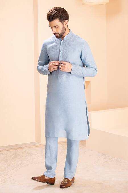 Buy Amit Arora Blue Linen Dori Embroidered Kurta With Aligadhi Online at Aza Fashions Buy_Amit Arora_Blue Linen Dori Embroidered Kurta With Aligadhi _Online_at_Aza_Fashions