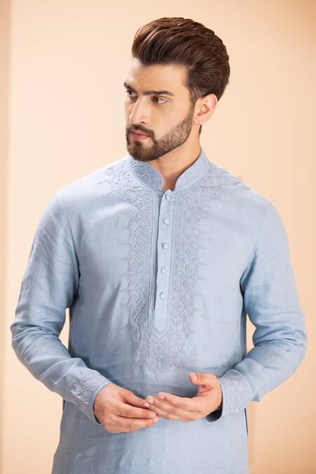 Shop Amit Arora Blue Linen Dori Embroidered Kurta With Aligadhi Online at Aza Fashions Shop_Amit Arora_Blue Linen Dori Embroidered Kurta With Aligadhi _Online_at_Aza_Fashions