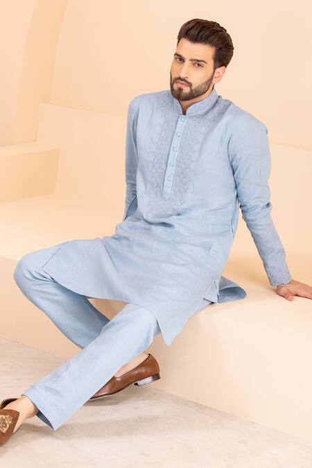 Amit Arora Blue Linen Dori Embroidered Kurta With Aligadhi at Aza Fashions Amit Arora_Blue Linen Dori Embroidered Kurta With Aligadhi _at_Aza_Fashions