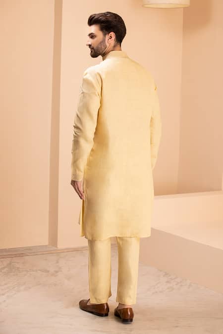 Shop Amit Arora Yellow Linen Embroidery Placement Kurta With Aligadhi at Aza Fashions Shop_Amit Arora_Yellow Linen Embroidery Placement Kurta With Aligadhi _at_Aza_Fashions