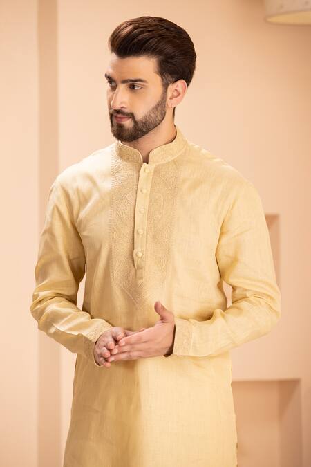 Buy Amit Arora Yellow Linen Embroidery Placement Kurta With Aligadhi Online at Aza Fashions Buy_Amit Arora_Yellow Linen Embroidery Placement Kurta With Aligadhi _Online_at_Aza_Fashions