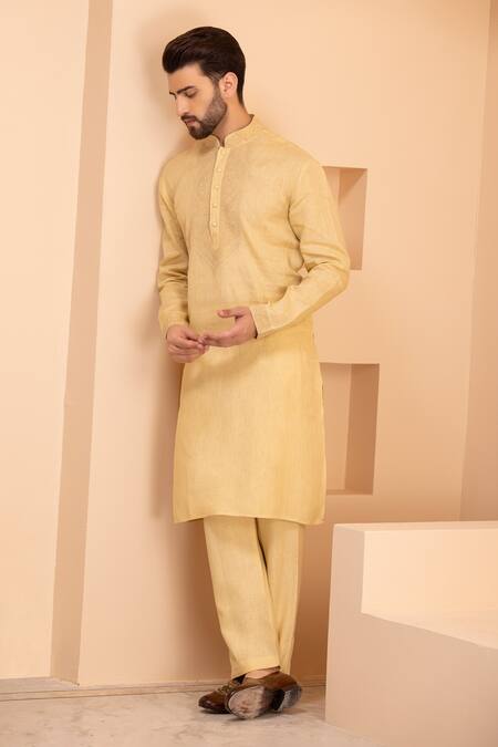 Shop Amit Arora Yellow Linen Embroidery Placement Kurta With Aligadhi Online at Aza Fashions Shop_Amit Arora_Yellow Linen Embroidery Placement Kurta With Aligadhi _Online_at_Aza_Fashions