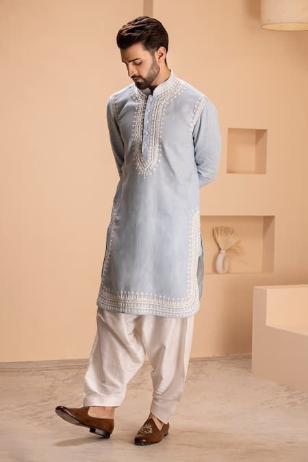 Amit Arora_Sky Blue Linen Embroidery Kurta With Salwar _Online_at_Aza_Fashions