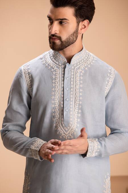 Buy_Amit Arora_Sky Blue Linen Embroidery Kurta With Salwar _Online_at_Aza_Fashions