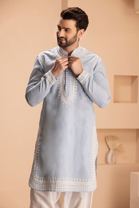 Shop_Amit Arora_Sky Blue Linen Embroidery Kurta With Salwar _Online_at_Aza_Fashions