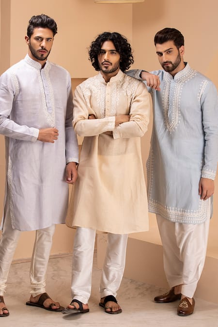 Amit Arora_Sky Blue Linen Embroidery Kurta With Salwar _at_Aza_Fashions