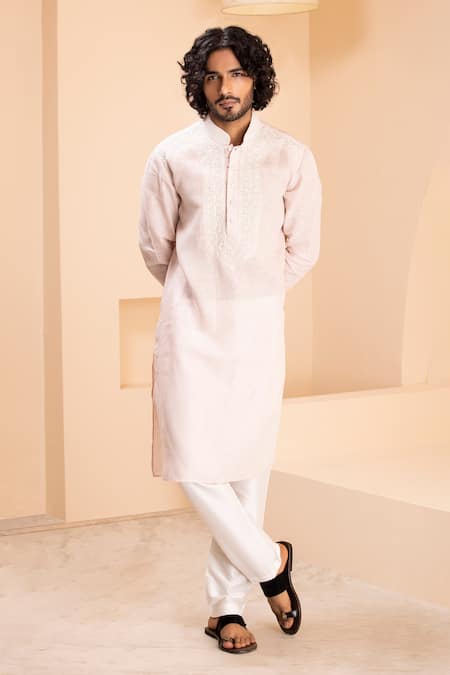 Shop Amit Arora Pink Linen Embroidery Kurta And Aligadhi Set at Aza Fashions Shop_Amit Arora_Pink Linen Embroidery Kurta And Aligadhi Set _at_Aza_Fashions