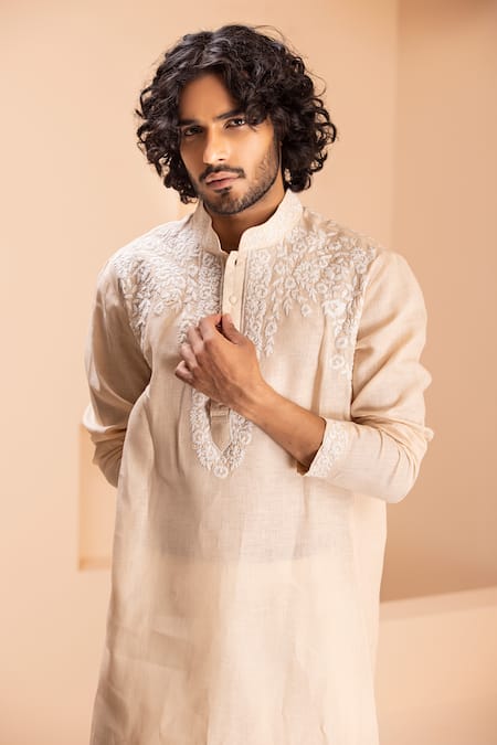 Shop Amit Arora Peach Linen Embroidery Kurta And Aligadhi Set at Aza Fashions Shop_Amit Arora_Peach Linen Embroidery Kurta And Aligadhi Set _at_Aza_Fashions
