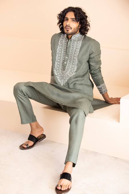 Amit Arora Green Linen Zari, Metallic Thread Embroidered Kurta With Aligadhi Online at Aza Fashions Amit Arora_Green Linen Zari, Metallic Thread Embroidered Kurta With Aligadhi _Online_at_Aza_Fashions