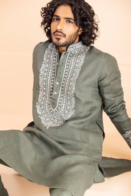 Buy Amit Arora Green Linen Zari, Metallic Thread Embroidered Kurta With Aligadhi Online at Aza Fashions Buy_Amit Arora_Green Linen Zari, Metallic Thread Embroidered Kurta With Aligadhi _Online_at_Aza_Fashions