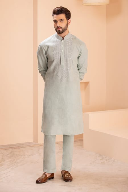 Shop Amit Arora Green Linen Zari, Metallic Thread Tonal Embroidered Kurta With Aligadhi at Aza Fashions Shop_Amit Arora_Green Linen Zari, Metallic Thread Tonal Embroidered Kurta With Aligadhi _at_Aza_Fashions