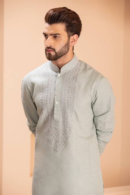 Amit Arora Green Linen Zari, Metallic Thread Tonal Embroidered Kurta With Aligadhi Online at Aza Fashions Amit Arora_Green Linen Zari, Metallic Thread Tonal Embroidered Kurta With Aligadhi _Online_at_Aza_Fashions