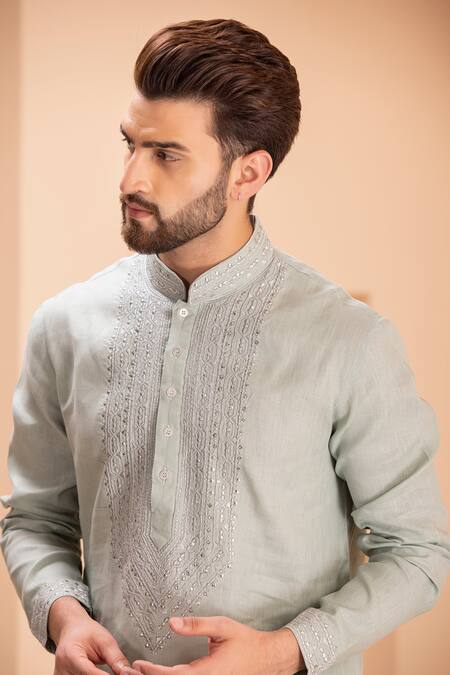 Buy Amit Arora Green Linen Zari, Metallic Thread Tonal Embroidered Kurta With Aligadhi Online at Aza Fashions Buy_Amit Arora_Green Linen Zari, Metallic Thread Tonal Embroidered Kurta With Aligadhi _Online_at_Aza_Fashions