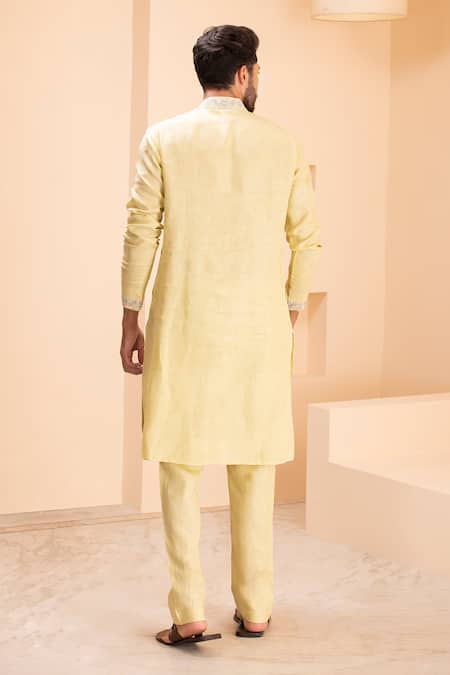 Shop Amit Arora Yellow Linen Zari, Metallic Thread Embroidered Kurta With Aligadhi at Aza Fashions Shop_Amit Arora_Yellow Linen Zari, Metallic Thread Embroidered Kurta With Aligadhi _at_Aza_Fashions