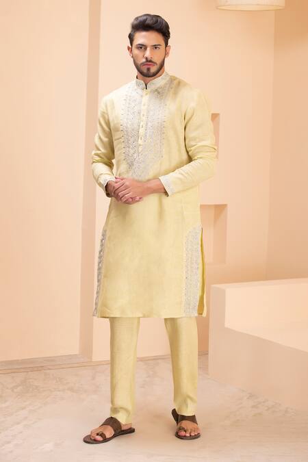 Amit Arora Yellow Linen Zari, Metallic Thread Embroidered Kurta With Aligadhi Online at Aza Fashions Amit Arora_Yellow Linen Zari, Metallic Thread Embroidered Kurta With Aligadhi _Online_at_Aza_Fashions