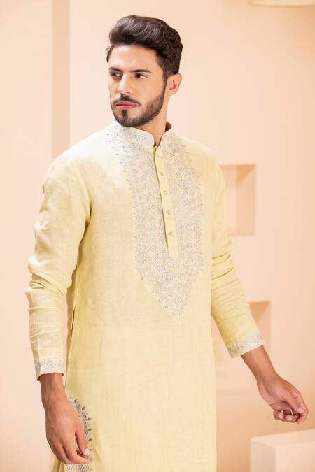 Buy Amit Arora Yellow Linen Zari, Metallic Thread Embroidered Kurta With Aligadhi Online at Aza Fashions Buy_Amit Arora_Yellow Linen Zari, Metallic Thread Embroidered Kurta With Aligadhi _Online_at_Aza_Fashions