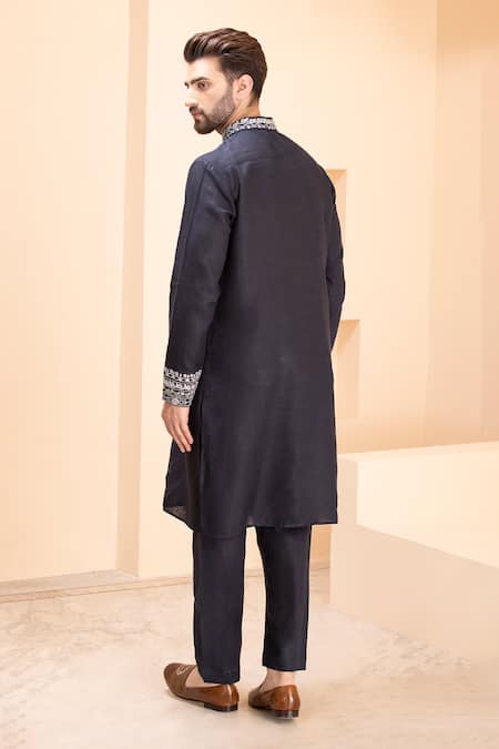 Shop Amit Arora Blue Linen Zari, Metallic Thread Embroidered Kurta With Aligadhi at Aza Fashions Shop_Amit Arora_Blue Linen Zari, Metallic Thread Embroidered Kurta With Aligadhi _at_Aza_Fashions