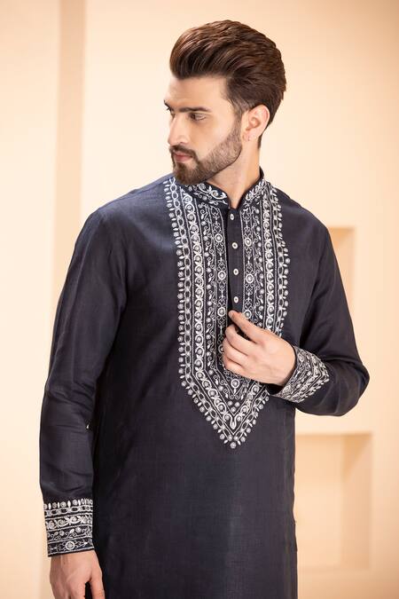 Amit Arora Blue Linen Zari, Metallic Thread Embroidered Kurta With Aligadhi Online at Aza Fashions Amit Arora_Blue Linen Zari, Metallic Thread Embroidered Kurta With Aligadhi _Online_at_Aza_Fashions
