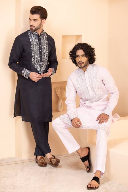 Buy Amit Arora Blue Linen Zari, Metallic Thread Embroidered Kurta With Aligadhi Online at Aza Fashions Buy_Amit Arora_Blue Linen Zari, Metallic Thread Embroidered Kurta With Aligadhi _Online_at_Aza_Fashions