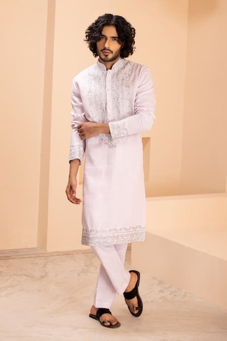 AMIT ARORA Pink Linen Embroidered Zari Metal Kurta With Aligadhi 