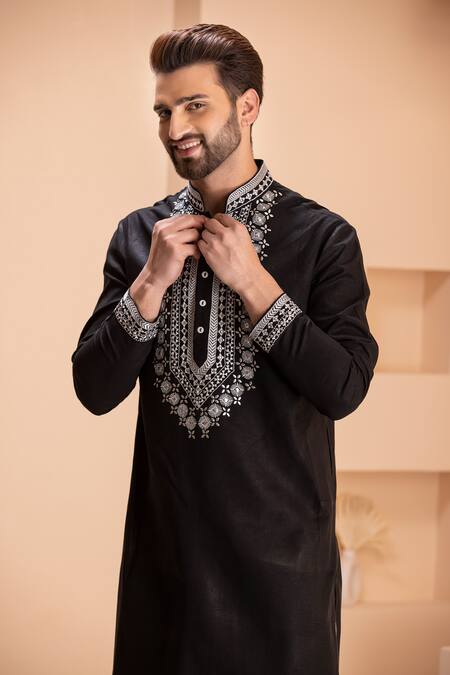 Shop Amit Arora Black Linen, Cotton Zari, Embroidery Kurta With Salwar Online at Aza Fashions Shop_Amit Arora_Black Linen, Cotton Zari, Embroidery Kurta With Salwar _Online_at_Aza_Fashions