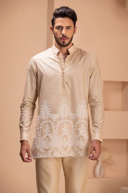 Amit Arora_Beige Silk Embroidery Crochet Short Kurta _Online_at_Aza_Fashions