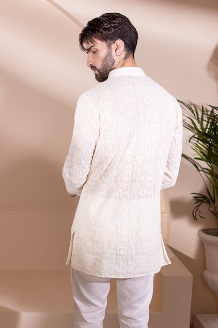 Shop_Amit Arora_Cream Cotton Crochet Short Shirt Kurta _at_Aza_Fashions