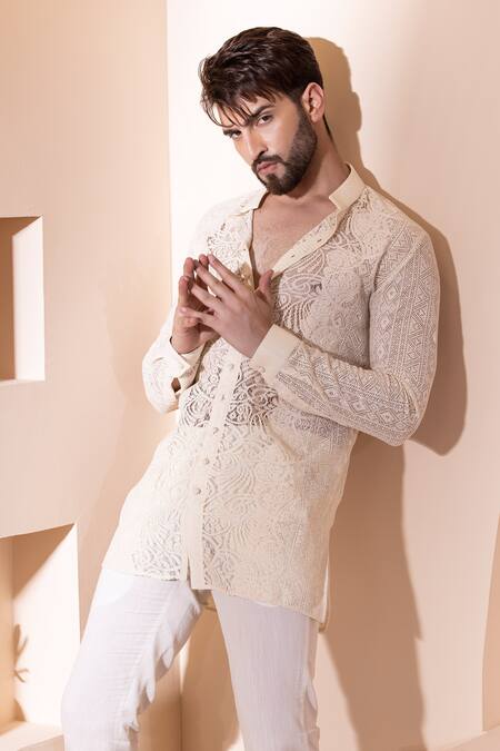 Amit Arora_Cream Cotton Crochet Short Shirt Kurta _Online_at_Aza_Fashions
