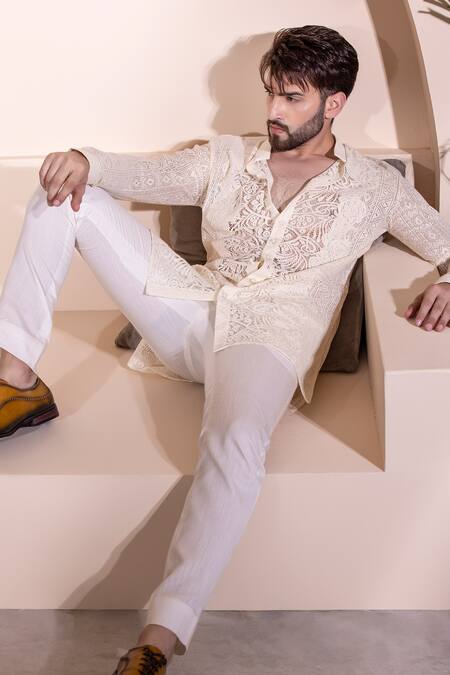 Buy_Amit Arora_Cream Cotton Crochet Short Shirt Kurta _Online_at_Aza_Fashions