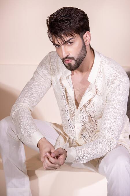 Shop_Amit Arora_Cream Cotton Crochet Short Shirt Kurta _Online_at_Aza_Fashions