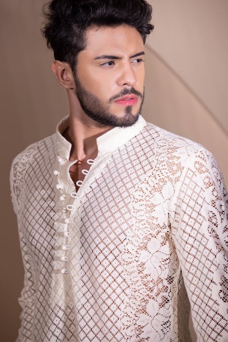 Amit Arora_Cream Cotton Crochet Short Kurta _Online_at_Aza_Fashions