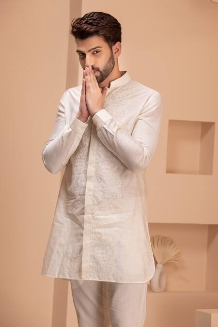 Shop Amit Arora Cream Silk Embroidery Crochet Kurta Online at Aza Fashions Shop_Amit Arora_Cream Silk Embroidery Crochet Kurta _Online_at_Aza_Fashions