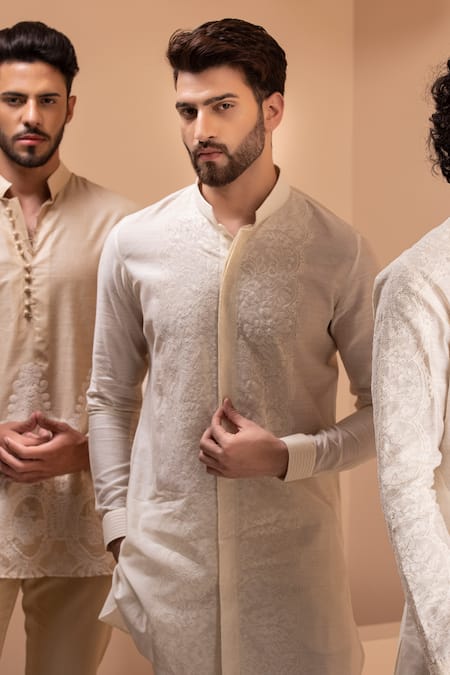 Amit Arora Cream Silk Embroidery Crochet Kurta at Aza Fashions Amit Arora_Cream Silk Embroidery Crochet Kurta _at_Aza_Fashions