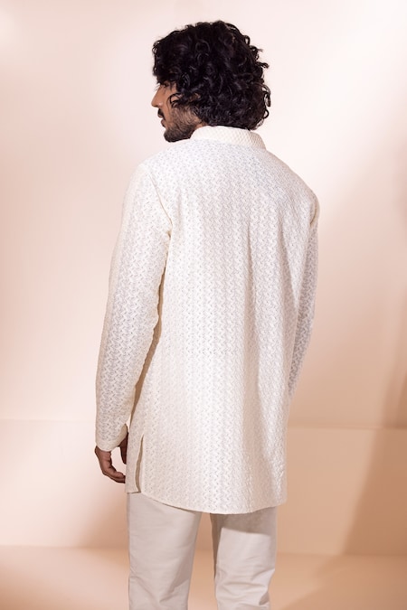 Shop Amit Arora Cream Cotton Short Crochet Shirt Kurta at Aza Fashions Shop_Amit Arora_Cream Cotton Short Crochet Shirt Kurta_at_Aza_Fashions