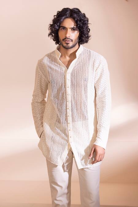 Amit Arora Cream Cotton Short Crochet Shirt Kurta Online at Aza Fashions Amit Arora_Cream Cotton Short Crochet Shirt Kurta_Online_at_Aza_Fashions