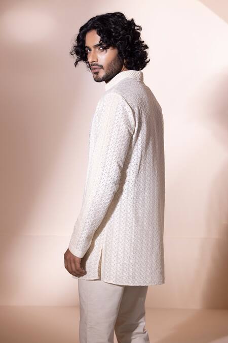 Shop Amit Arora Cream Cotton Short Crochet Shirt Kurta Online at Aza Fashions Shop_Amit Arora_Cream Cotton Short Crochet Shirt Kurta_Online_at_Aza_Fashions
