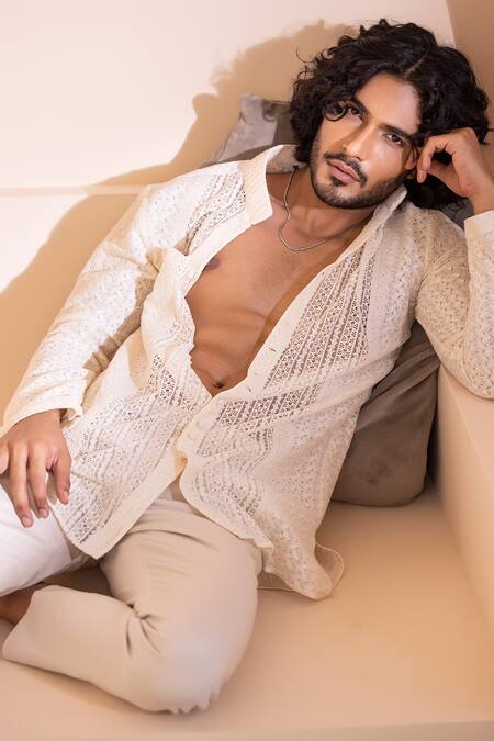 Amit Arora Cream Cotton Short Crochet Shirt Kurta at Aza Fashions Amit Arora_Cream Cotton Short Crochet Shirt Kurta_at_Aza_Fashions