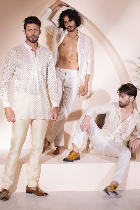 Buy Amit Arora Cream Cotton Short Crochet Shirt Kurta Buy_Amit Arora_Cream Cotton Short Crochet Shirt Kurta