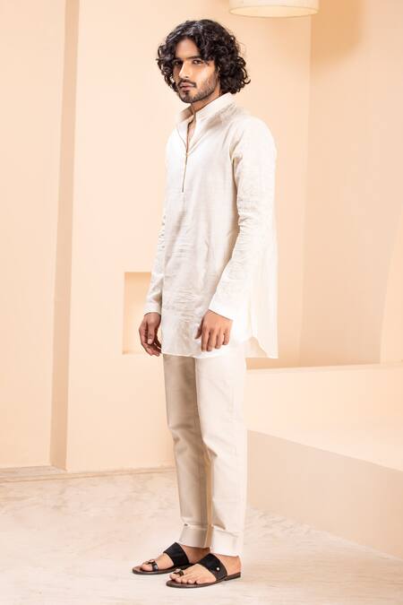 Amit Arora_Cream Silk Embroidery Crochet Short Kurta _Online_at_Aza_Fashions