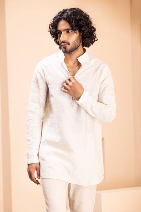 Buy_Amit Arora_Cream Silk Embroidery Crochet Short Kurta _Online_at_Aza_Fashions