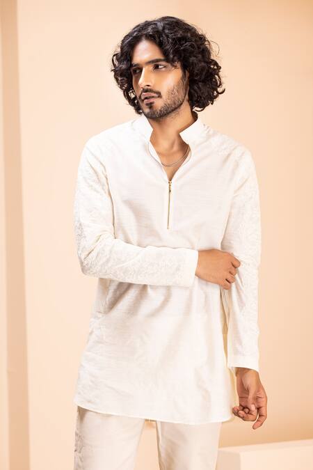 Shop_Amit Arora_Cream Silk Embroidery Crochet Short Kurta _Online_at_Aza_Fashions