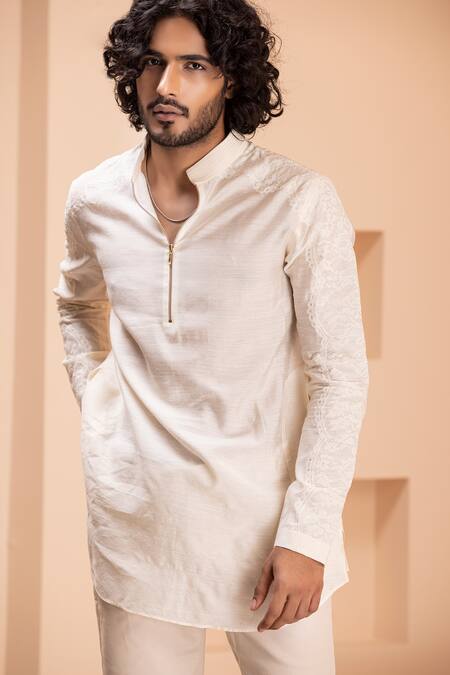 Amit Arora_Cream Silk Embroidery Crochet Short Kurta _at_Aza_Fashions
