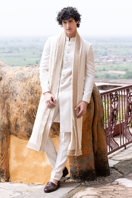 AMIT ARORA Cream Sherwani And Churidar Poly Knit Hand Solid Set With Lakhnawi Stole 